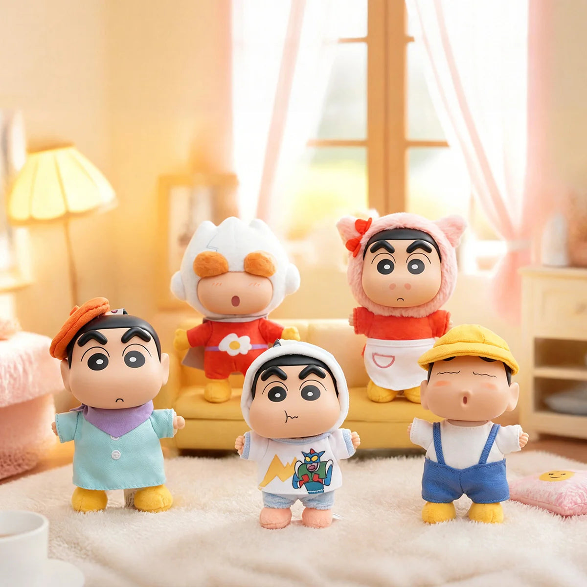 Five Shinchan Wardrobe plush designs arranged in a softly lit bedroom