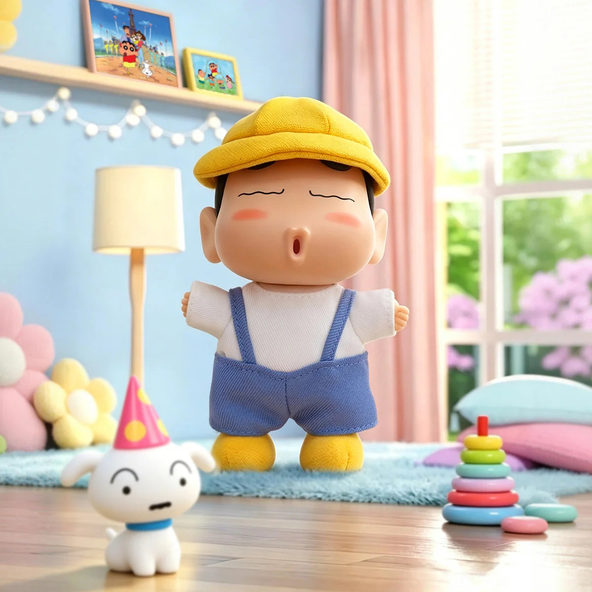 Sleepy Shinnosuke Nohara plush in a yellow cap and blue overalls beside Shiro and stacking rings