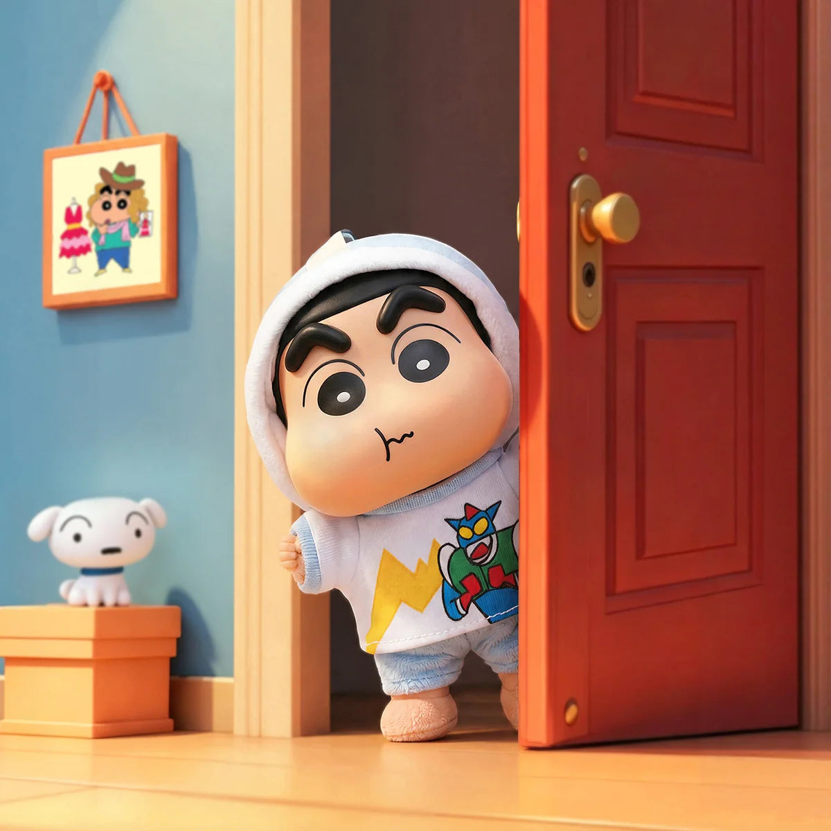 Shinnosuke Nohara in a white hood and Action Kamen shirt peeking around a red door