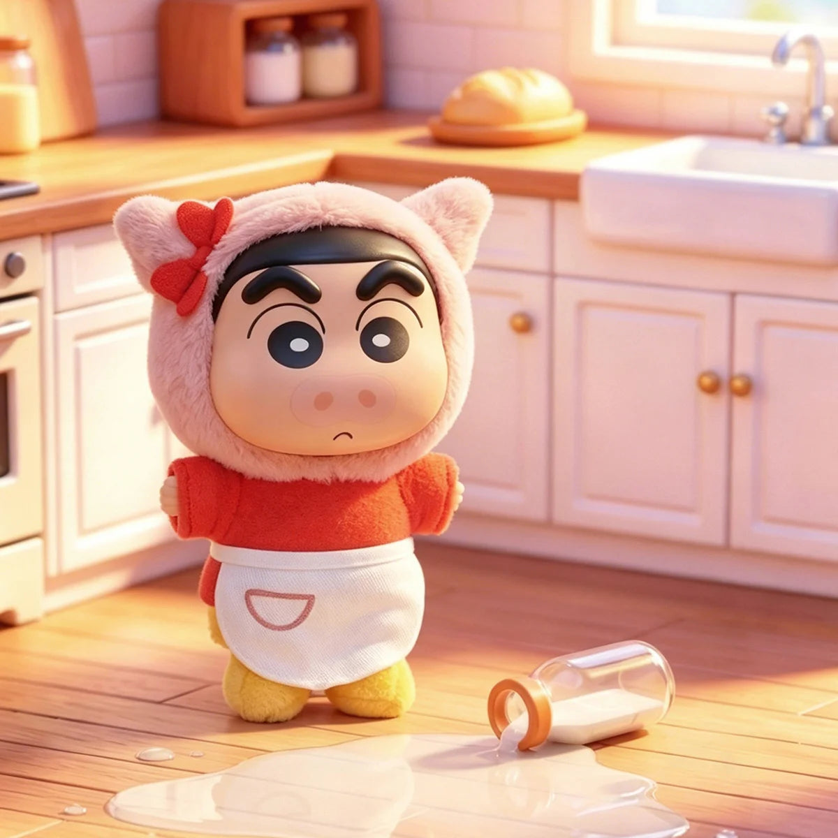Shinnosuke Nohara plush in a pink cat hood, red top, and white apron beside a spilled cup