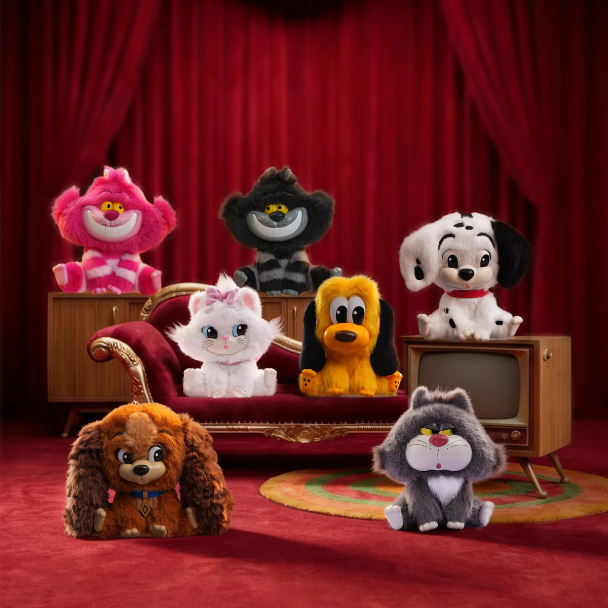 Disney Cats & Dogs Buddies plush charm lineup with Pluto, Marie, Lady, Cheshire Cat, Lucifer and a Dalmatian puppy