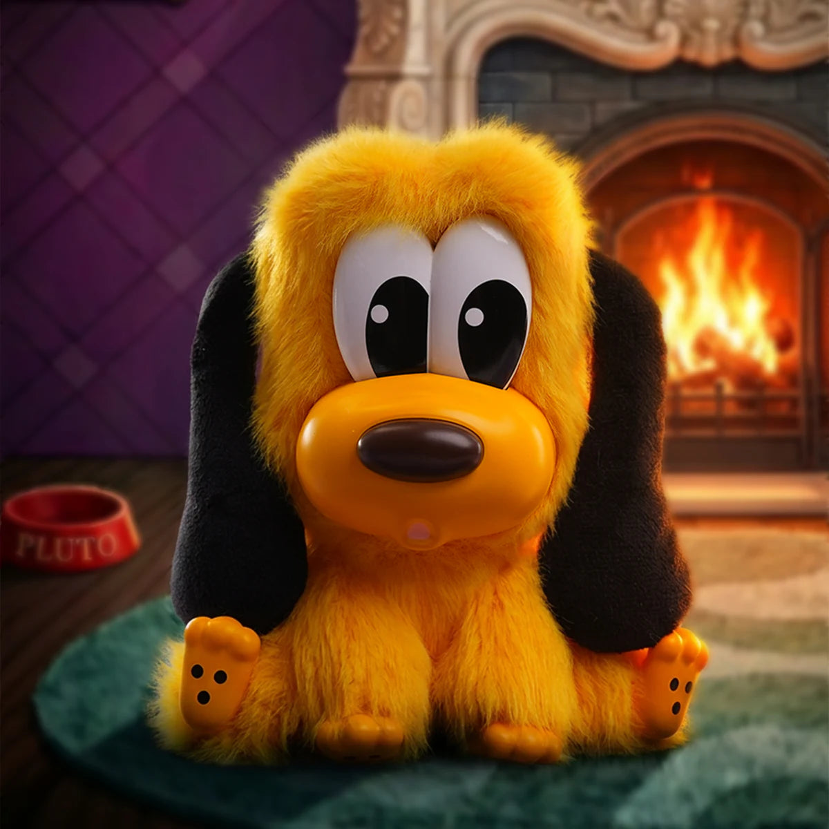 Pluto plush charm beside a fireplace from the Disney Cats & Dogs Buddies Series