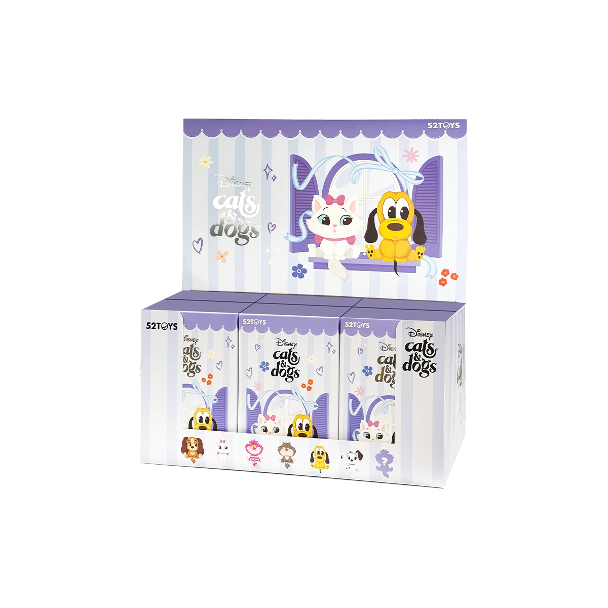 Whole set display box with six Disney Cats & Dogs Buddies plush charm blind boxes