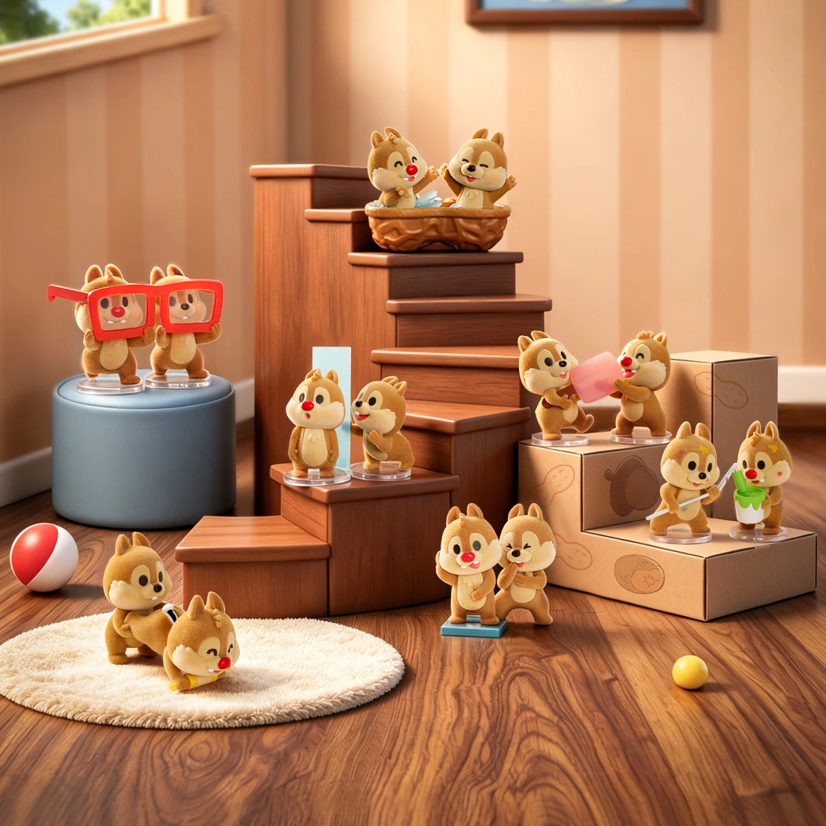 Tất cả bảy Chip n Dale Cuddle Crew mô hình được trưng bày trên một cầu thang gỗ, Disney flocked blind box