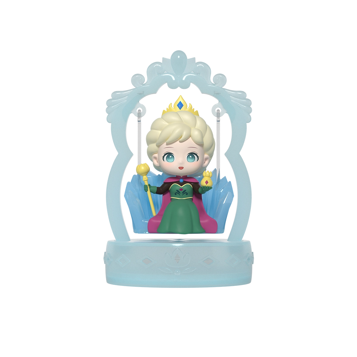 Nữ hoàng Elsa trong váy vương miện cầm sceptre vàng và quả cầu trên một vòng xoay băng, Frozen Enchanted Swing