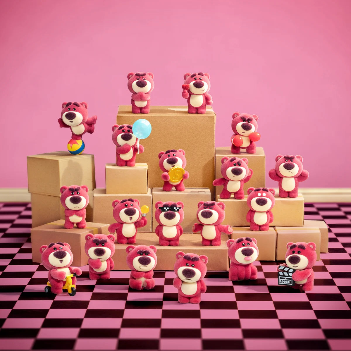 Twenty Lotso MiniMe figures arranged on cardboard blocks over a pink checkerboard floor