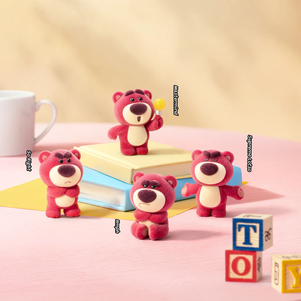 Five Lotso MiniMe figures holding a lollipop and making varied expressions beside toy blocks