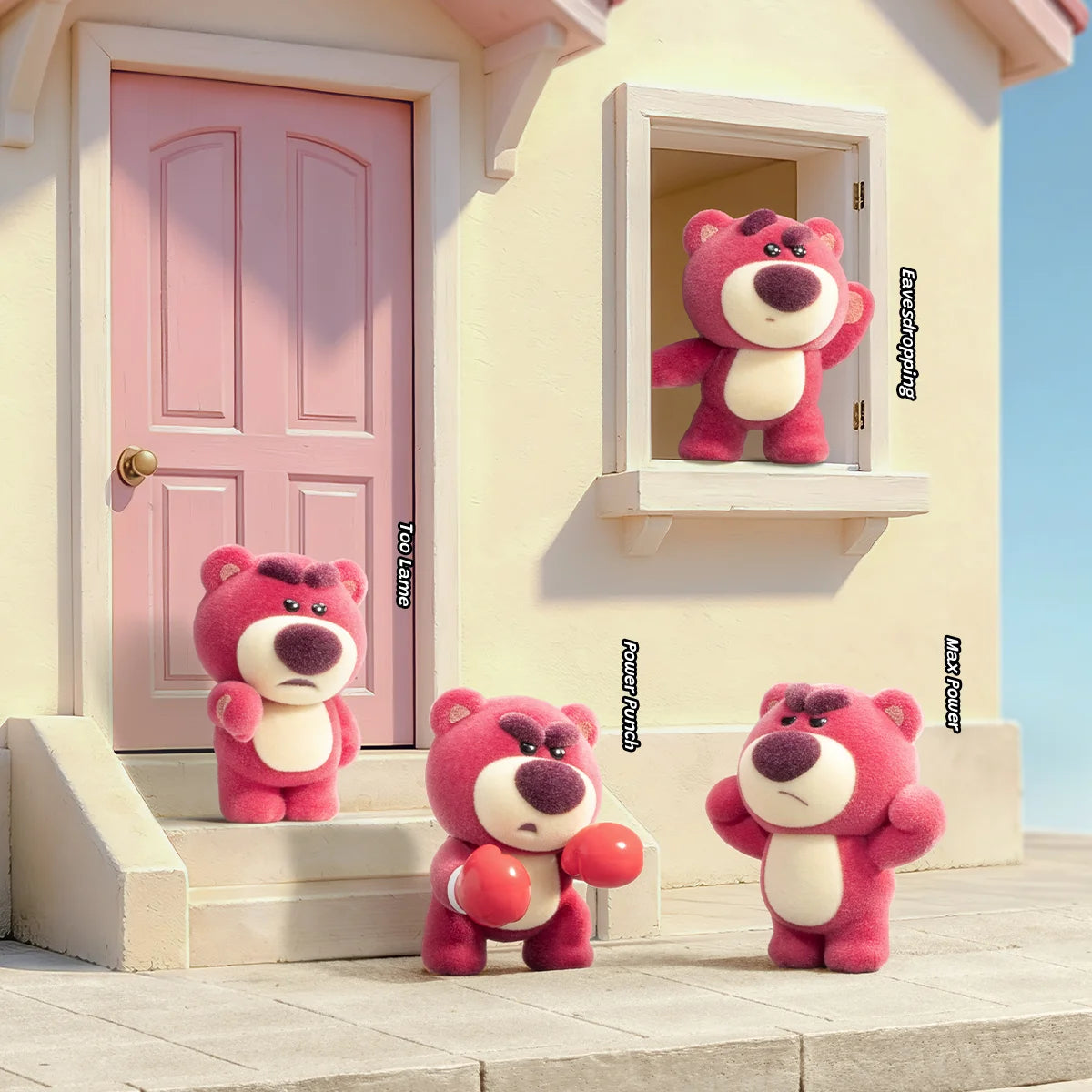 Four Lotso MiniMe figures posed outside a miniature house with pink door