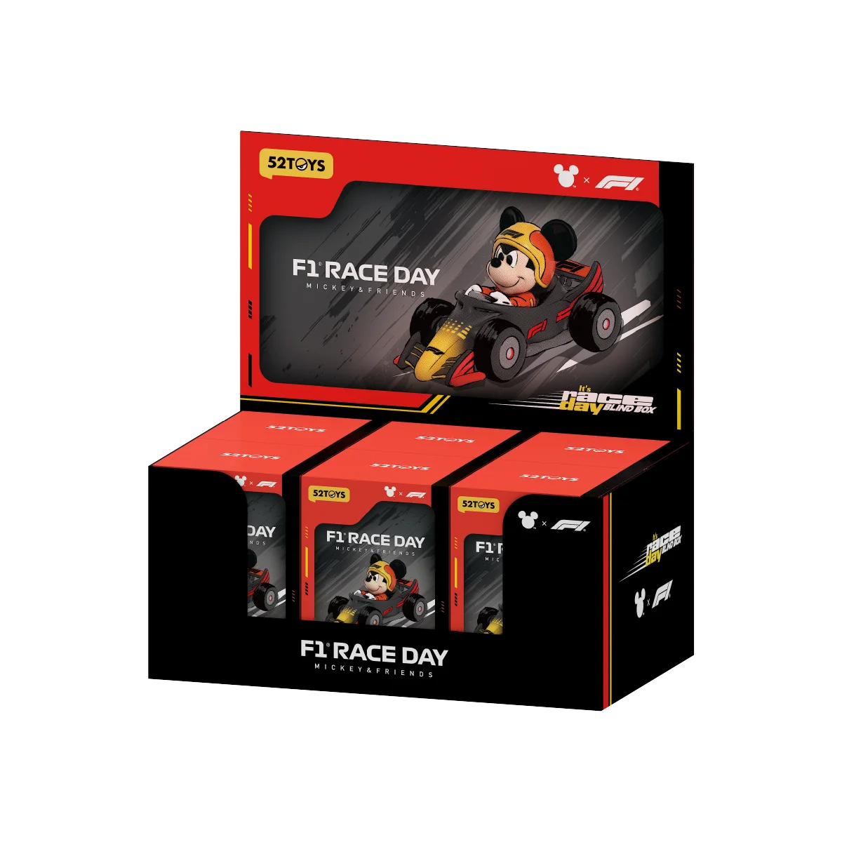 Mickey & Friends F1 Race Day full display case containing six blind boxes