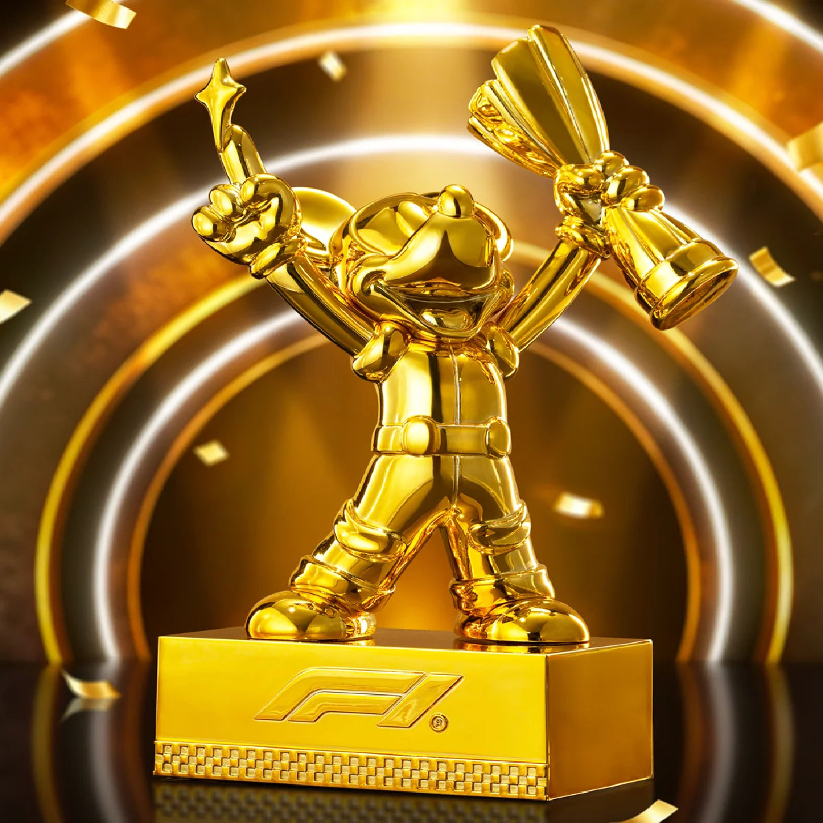 Secret gold Mickey Mouse F1 champion trophy holding a star and cup