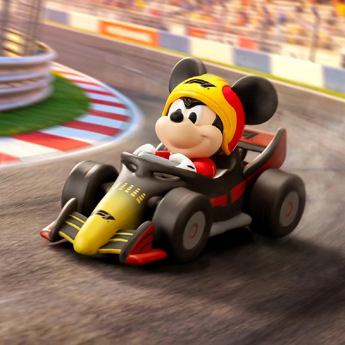 Mickey Mouse racing a black, red, and yellow F1 car around a track