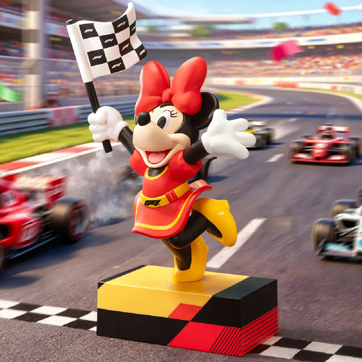Minnie Mouse waving a checkered finish flag at an F1 race