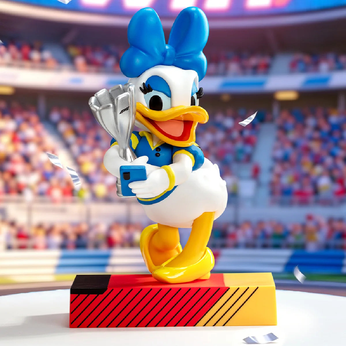 Daisy Duck holding a silver F1 trophy on a race podium