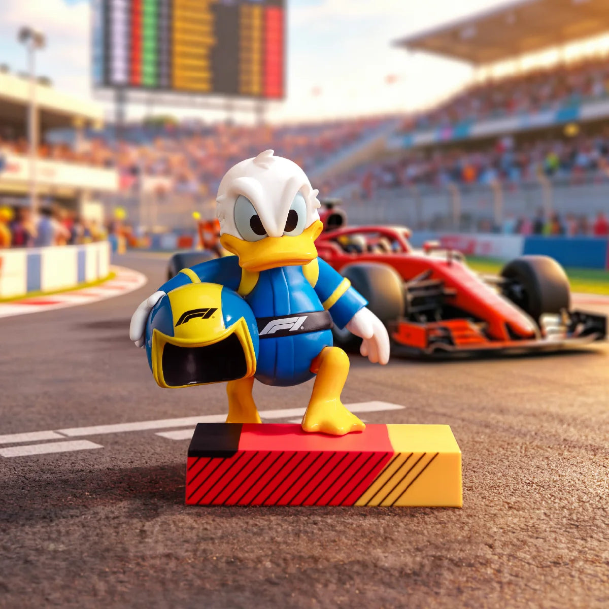 Donald Duck carrying a yellow-and-black racing helmet beside an F1 car