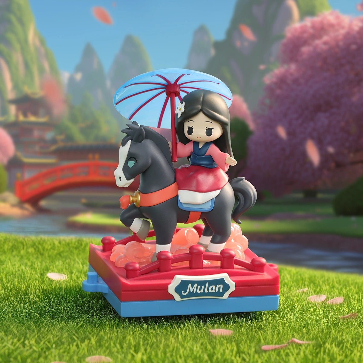 Mulan baby on a black horse holding a blue umbrella on a maroon cart, Disney Princess D-Baby Romantic Parade