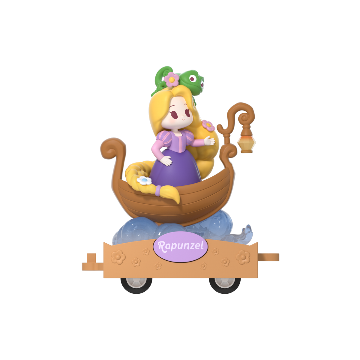 Rapunzel baby with Pascal in a wooden boat float on a yellow parade cart, Disney Princess D-Baby Romantic Parade