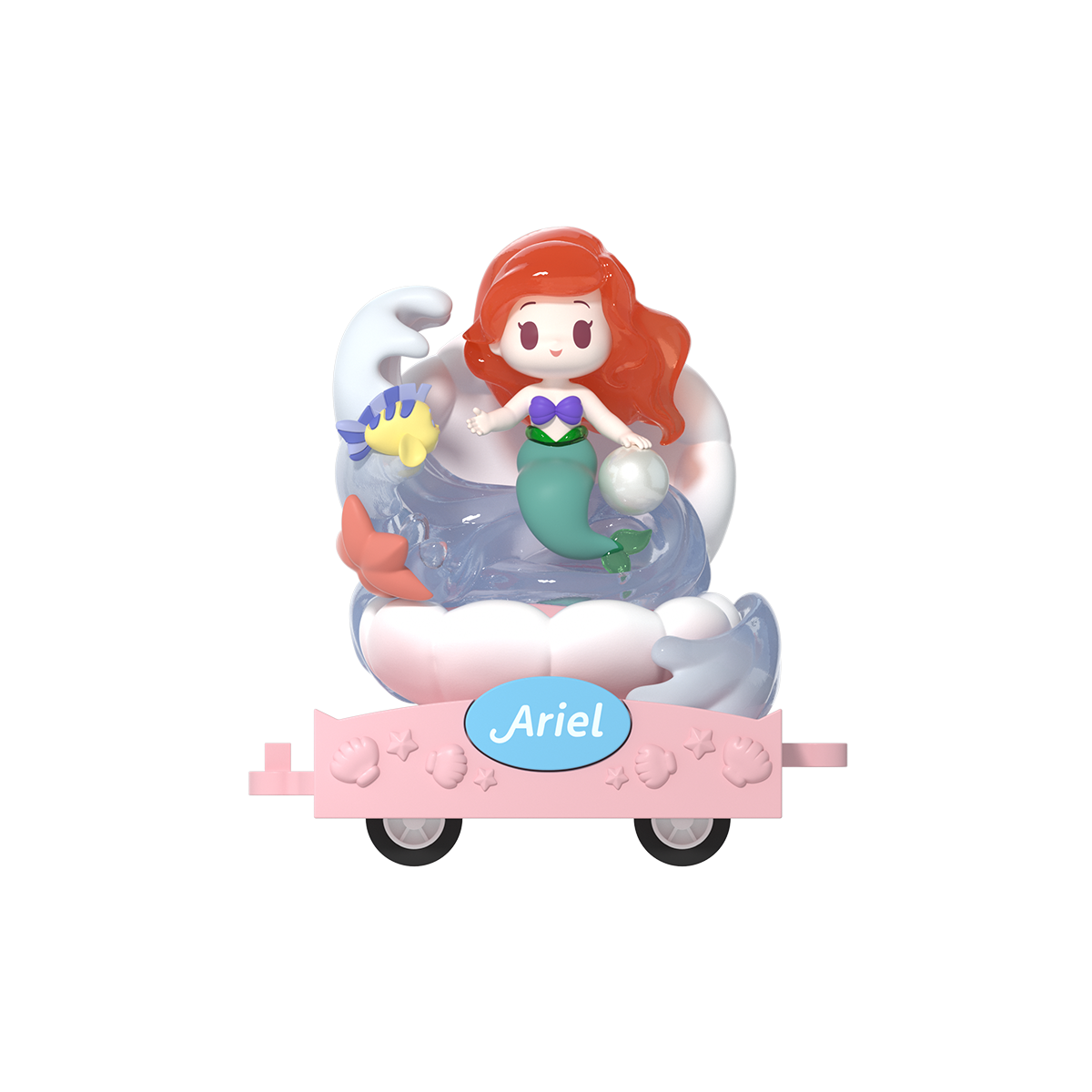 Ariel mermaid baby on a white shell float on a pink parade cart, Disney Princess D-Baby Romantic Parade