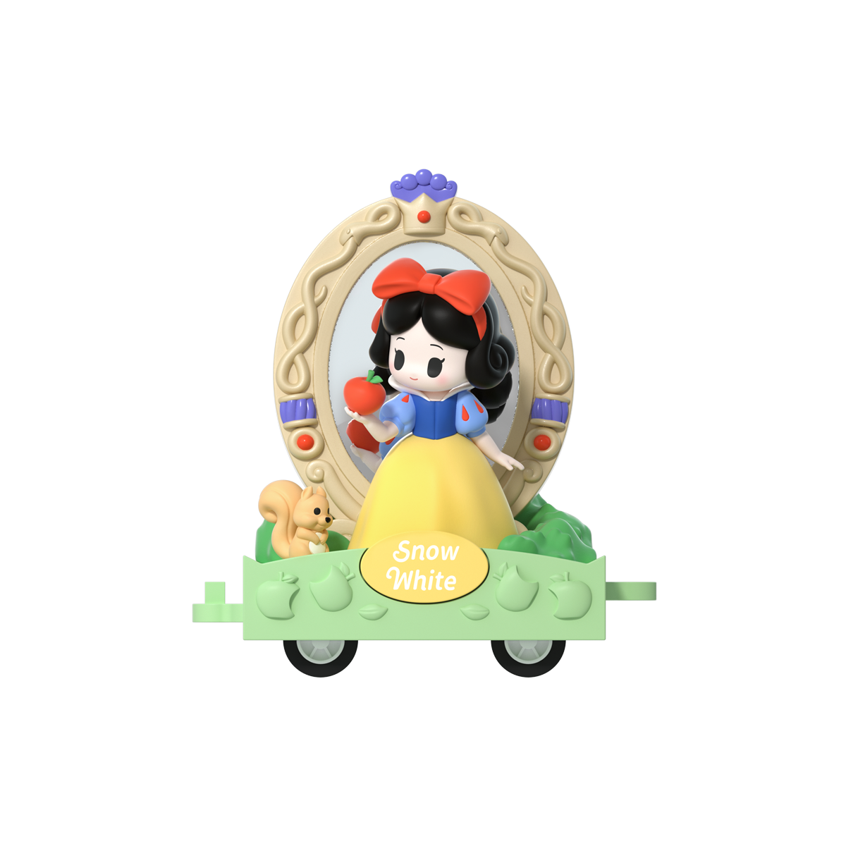Snow White baby with red apple by a golden mirror and squirrel on a green cart, D-Baby Romantic Parade