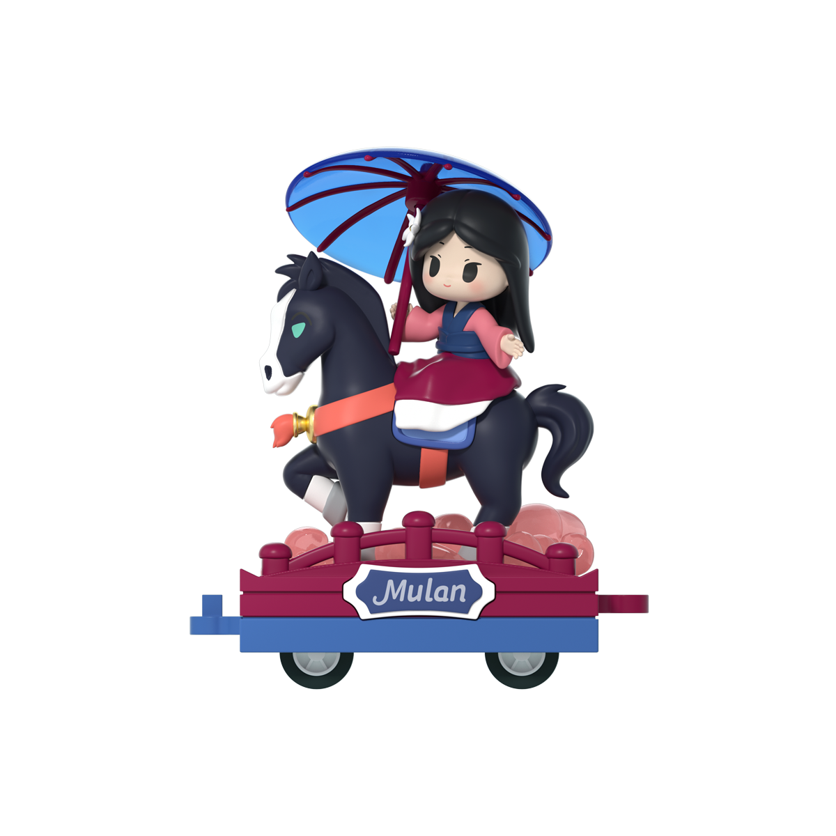 Secret Mulan baby on a black horse with blue umbrella on a maroon cart, Disney Princess D-Baby Romantic Parade