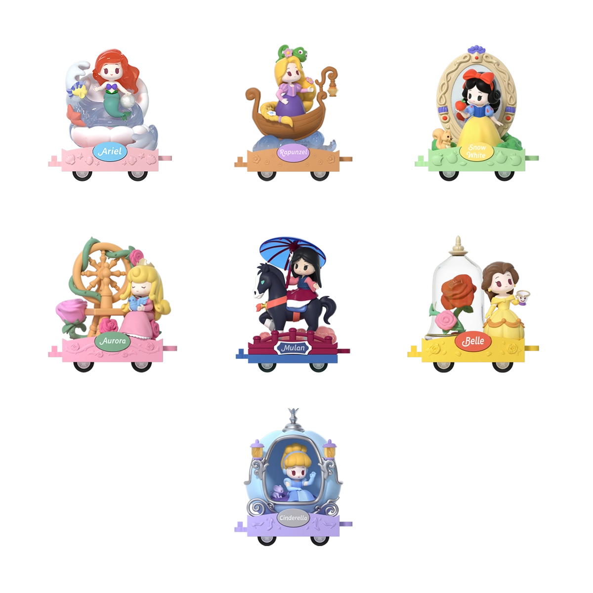 Full set of seven chibi Disney Princess D-Baby figures on themed parade-float carts, blind box