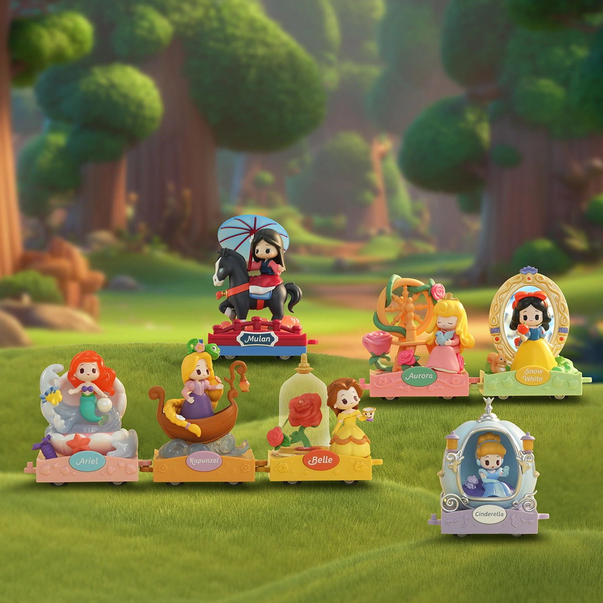 Seven Disney Princess D-Baby parade-float figures lined up in a sunny forest scene, Romantic Parade blind box