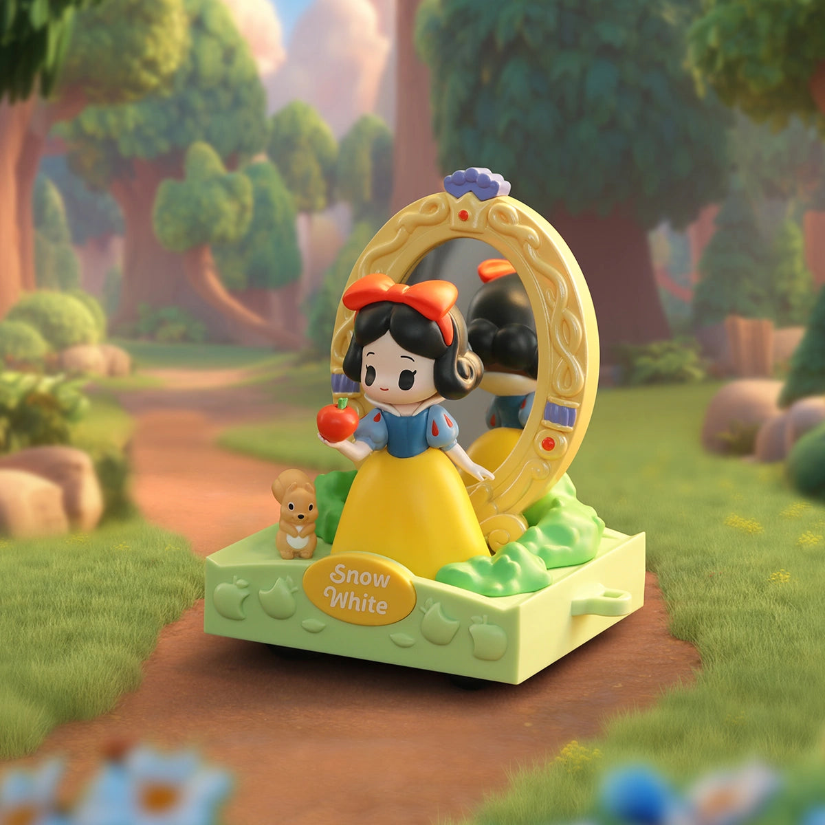 Snow White baby in blue-yellow dress holding a red apple by a mirror, D-Baby Romantic Parade