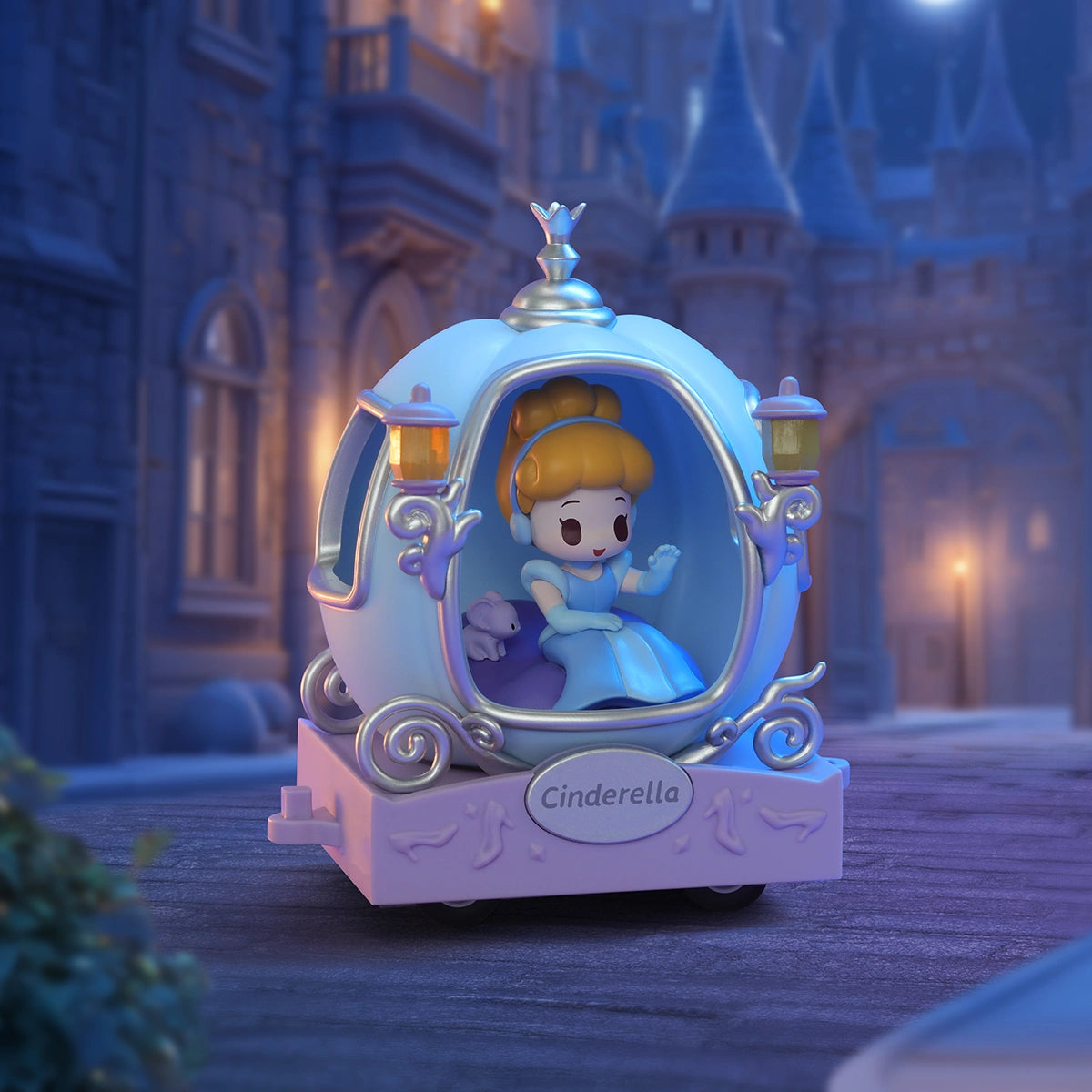 Cinderella baby waving inside a silver-blue pumpkin carriage at night, Disney Princess D-Baby Romantic Parade