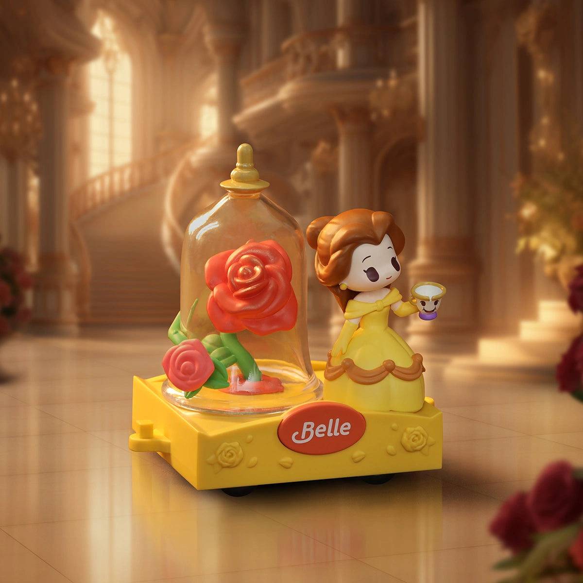 Belle baby in yellow gown with teacup beside a domed red rose in a palace hall, D-Baby Romantic Parade