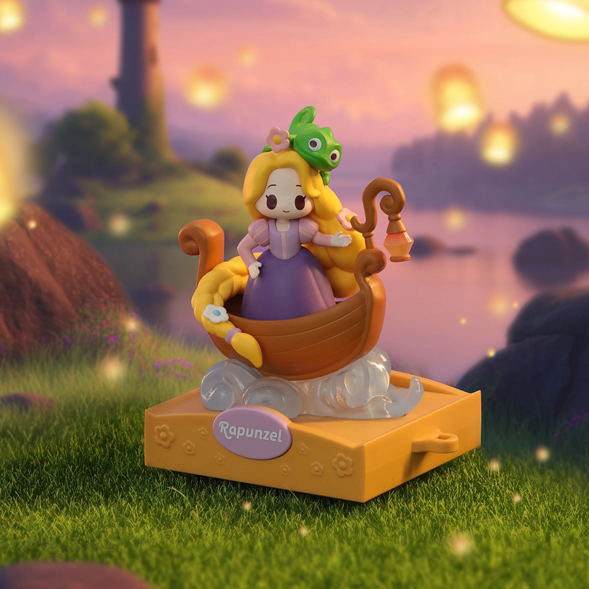 Rapunzel baby with Pascal in a wooden boat float among floating lanterns, Disney Princess D-Baby Romantic Parade
