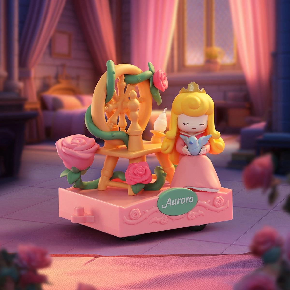 Aurora baby in pink gown holding a bluebird beside a rose-covered spinning wheel, D-Baby Romantic Parade