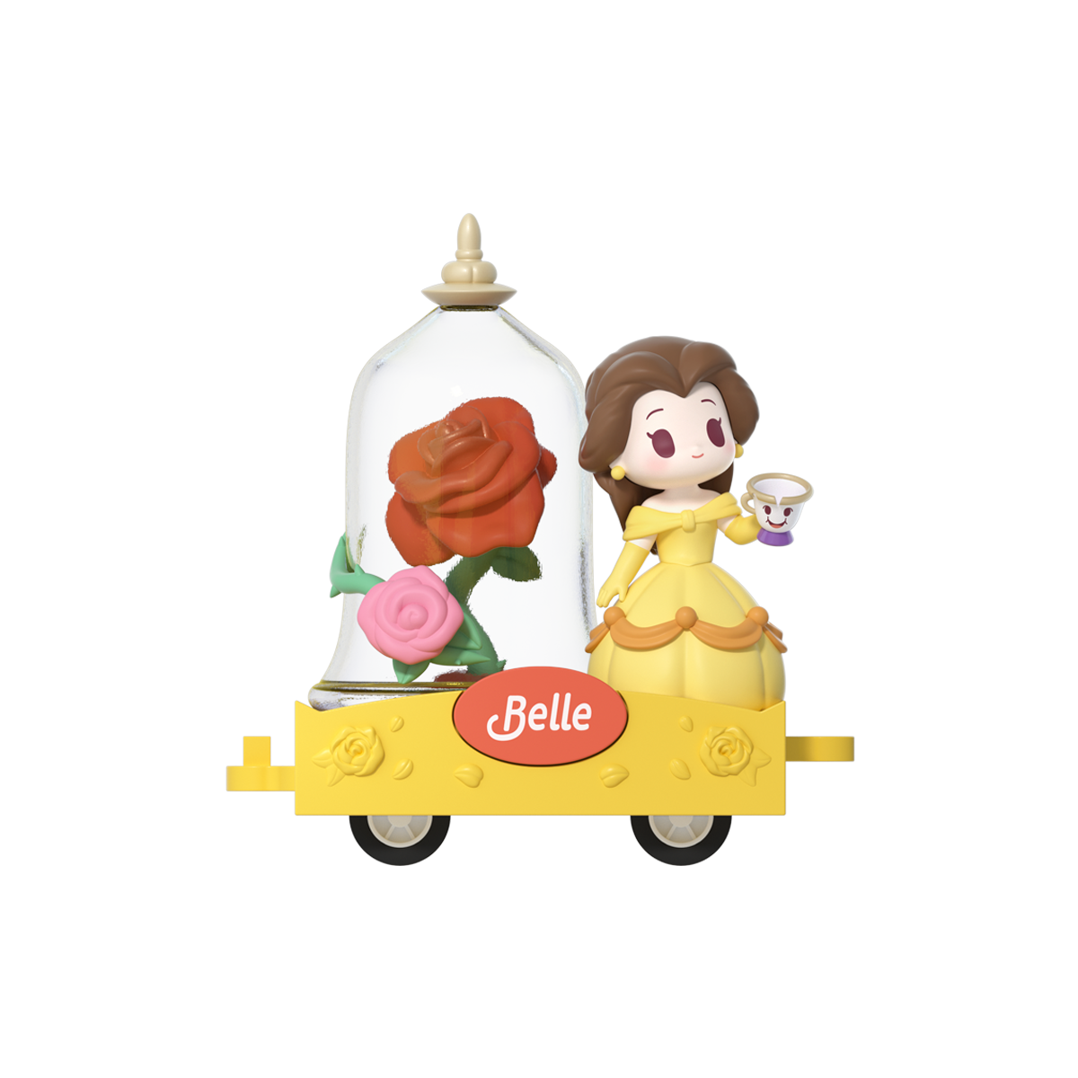 Belle baby in yellow gown with a teacup beside a domed red rose, Disney Princess D-Baby Romantic Parade