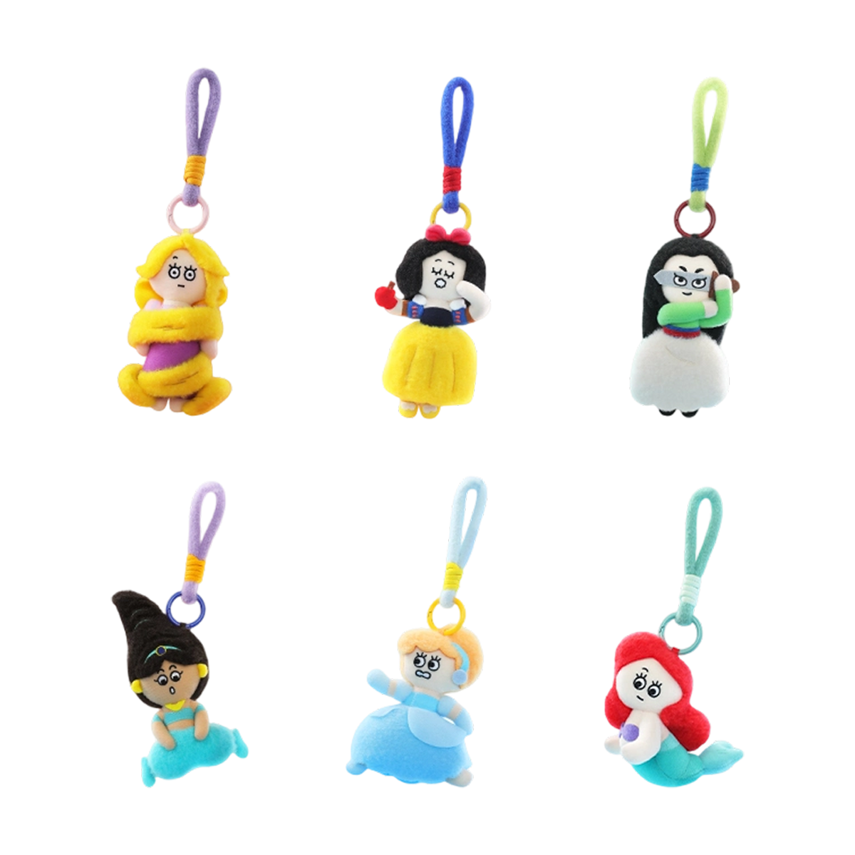 Six Disney Princess On The Run plush keychains including Rapunzel, Snow White, Mulan, Jasmine and Ariel