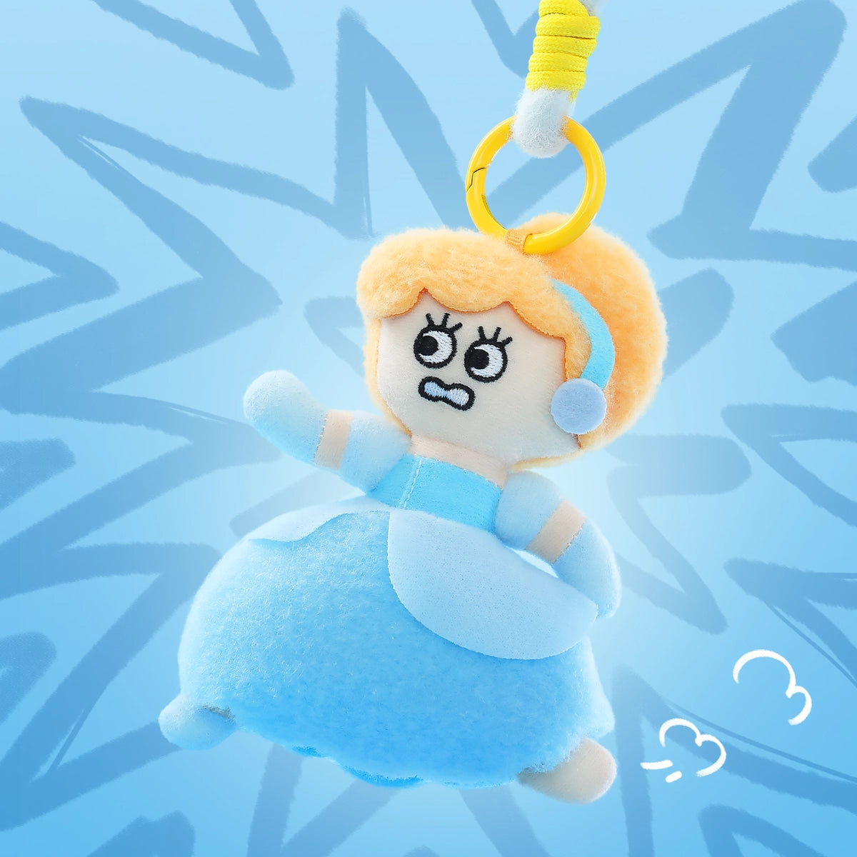 Jasmine plush keychain in teal outfit sitting on blue magic carpet, Disney Princess On The Run