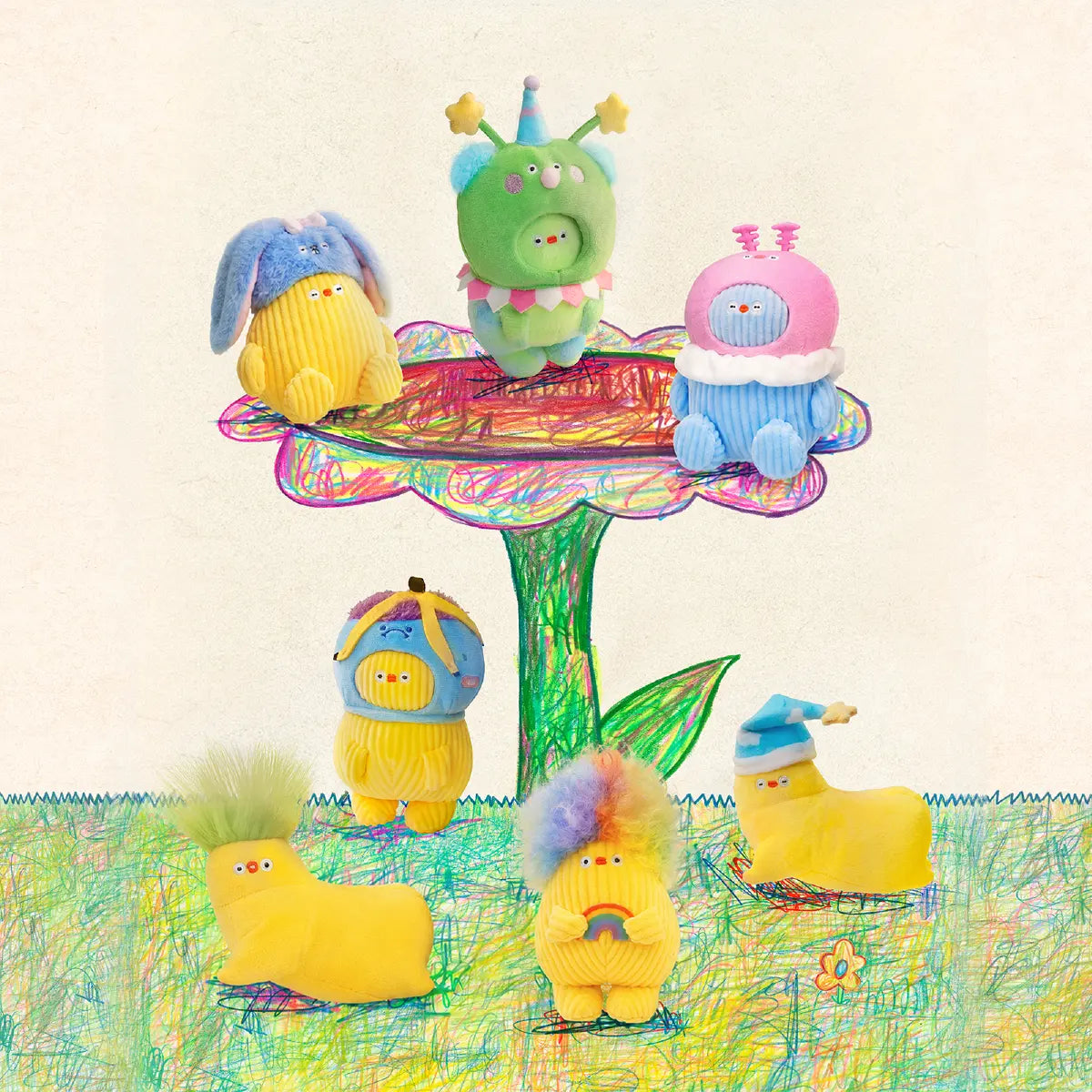 Seven Flabjacks Big Feels plush characters arranged across a child's crayon drawing