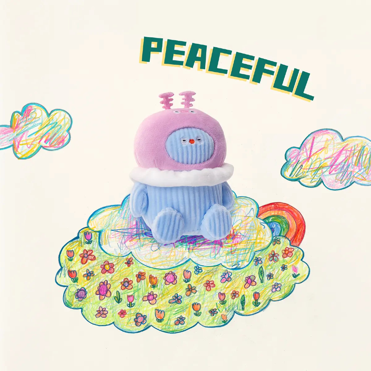 Flabjacks Peaceful blue plush character seated on a flower-covered cloud