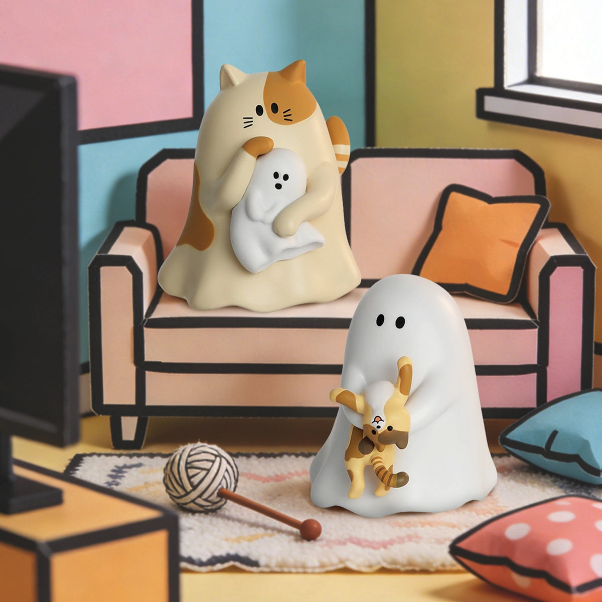 Secret calico cat hugging a tiny Ghody ghost beside a ghost holding a cat, Behold My Cat