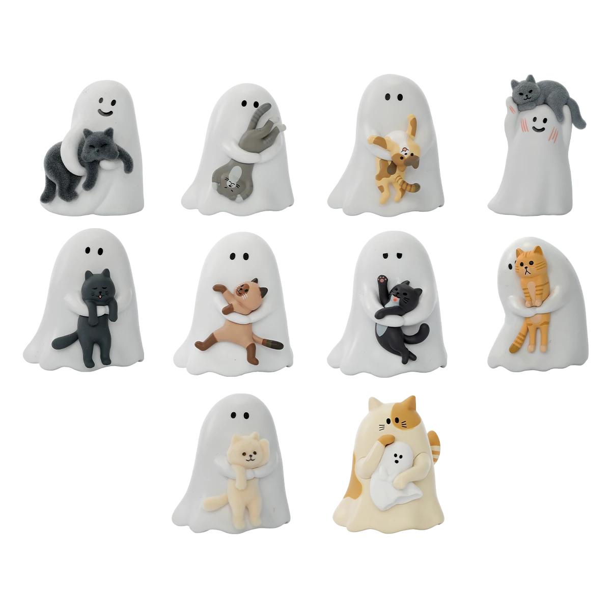 Full set of ten Ghody ghost figures cuddling their cats, Behold My Cat series