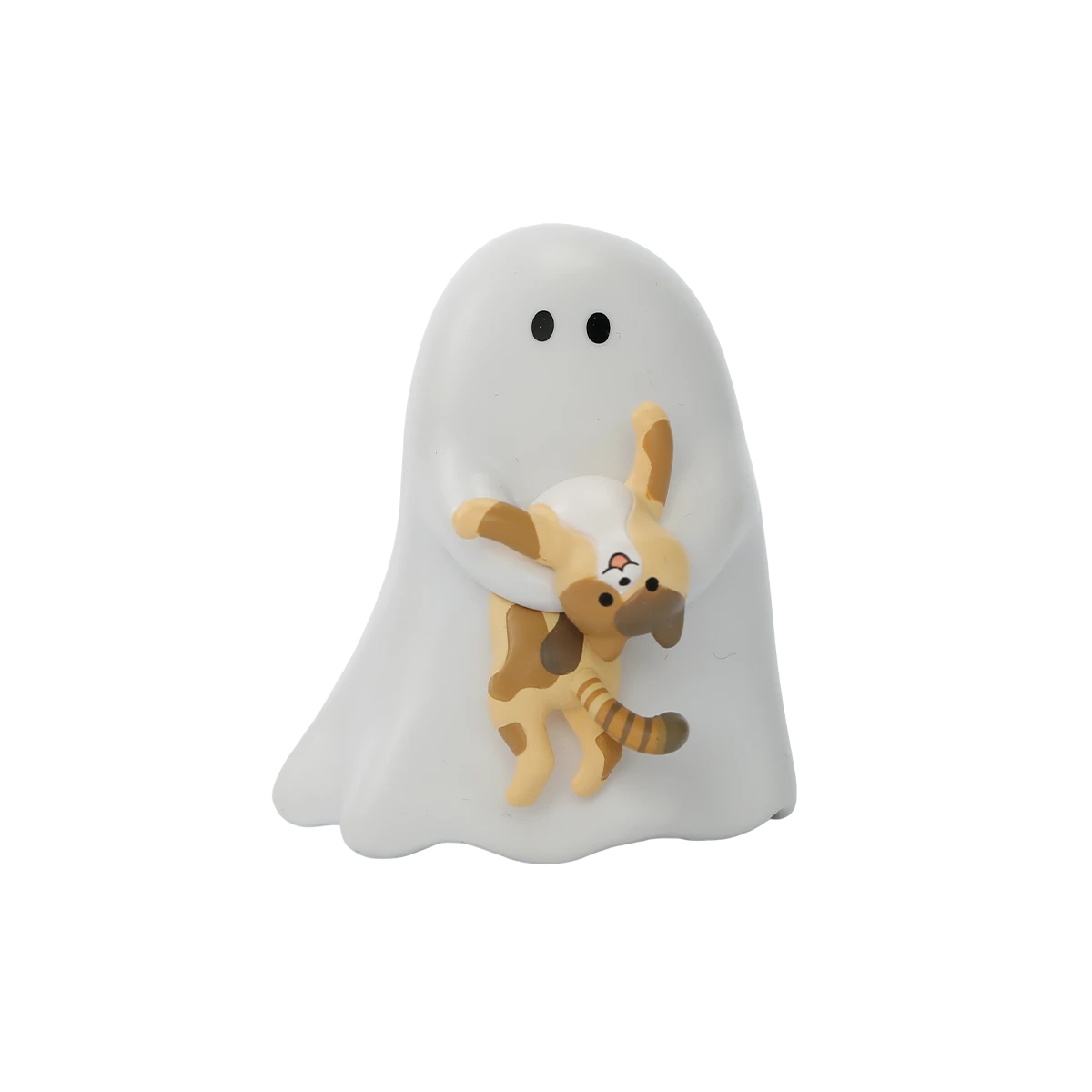 Ghody white ghost hugging an orange tabby cat to its chest, Behold My Cat mini figure by 52TOYS