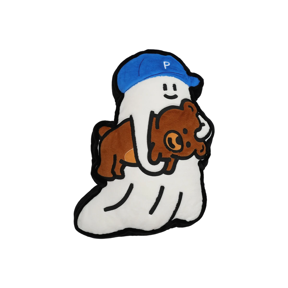 Ghody City Walk plush pillow, white ghost in a blue cap hugging a brown teddy bear