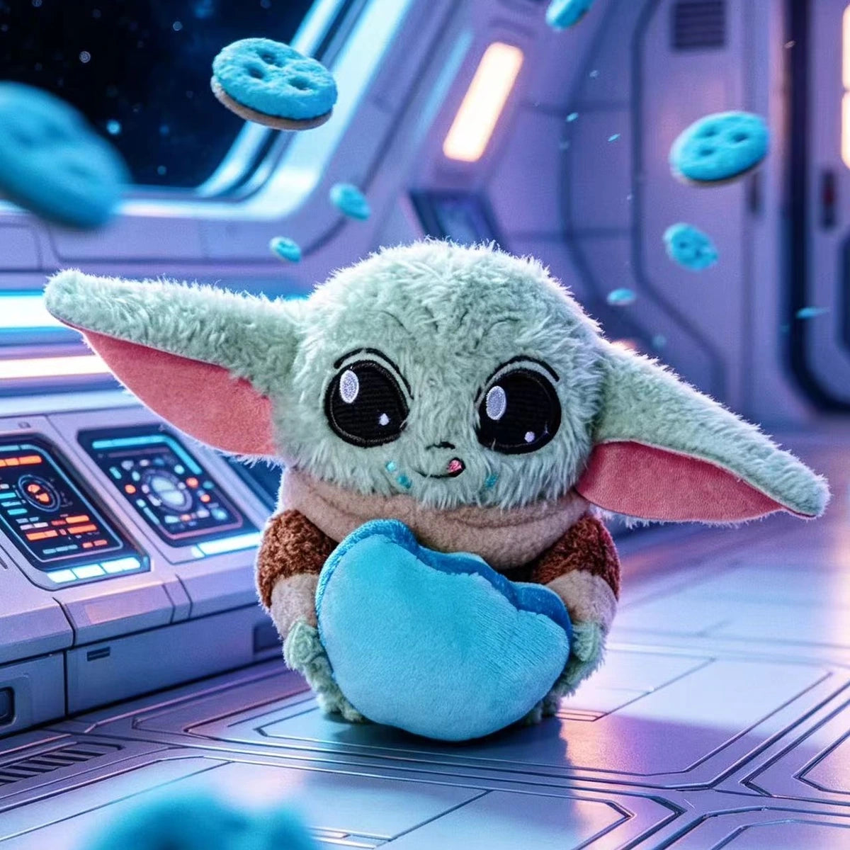 Grogu plush holding a blue heart amid floating blue cookies in a spaceship