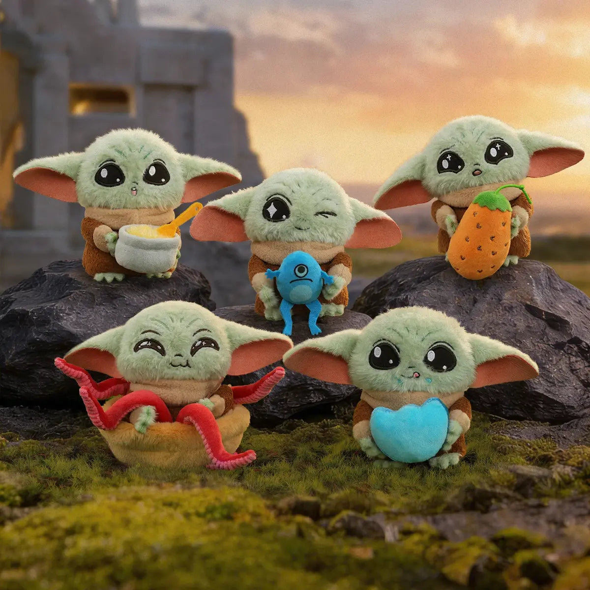 Five Grogu Full Belly Planet plush designs arranged on rocky terrain at sunset