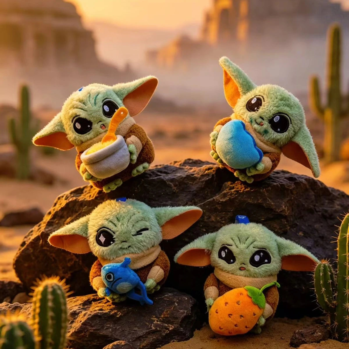 Four Grogu plush designs holding soup, a blue heart, frog creature, and carrot in a desert scene