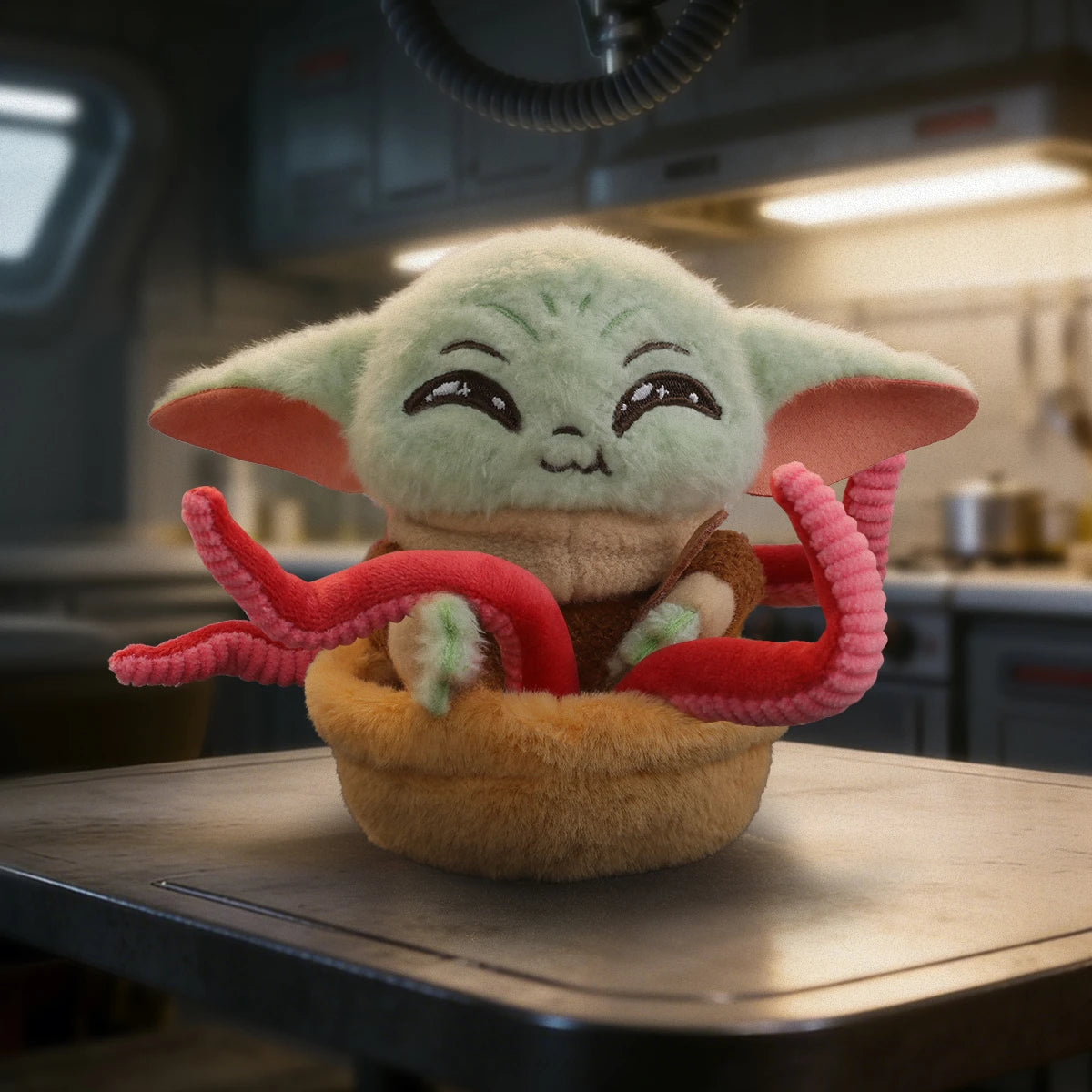 Smiling Grogu plush seated in a basket with red tentacles in a spaceship kitchen