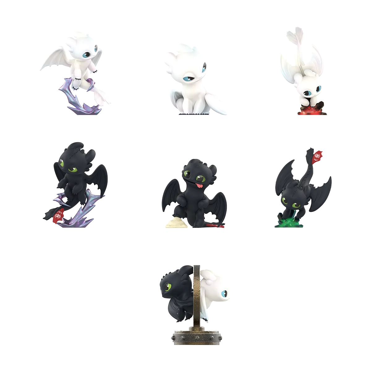 Complete lineup of Toothless and Light Fury figures from the How to Train Your Dragon Intertwined Light & Night Series by 52TOYS