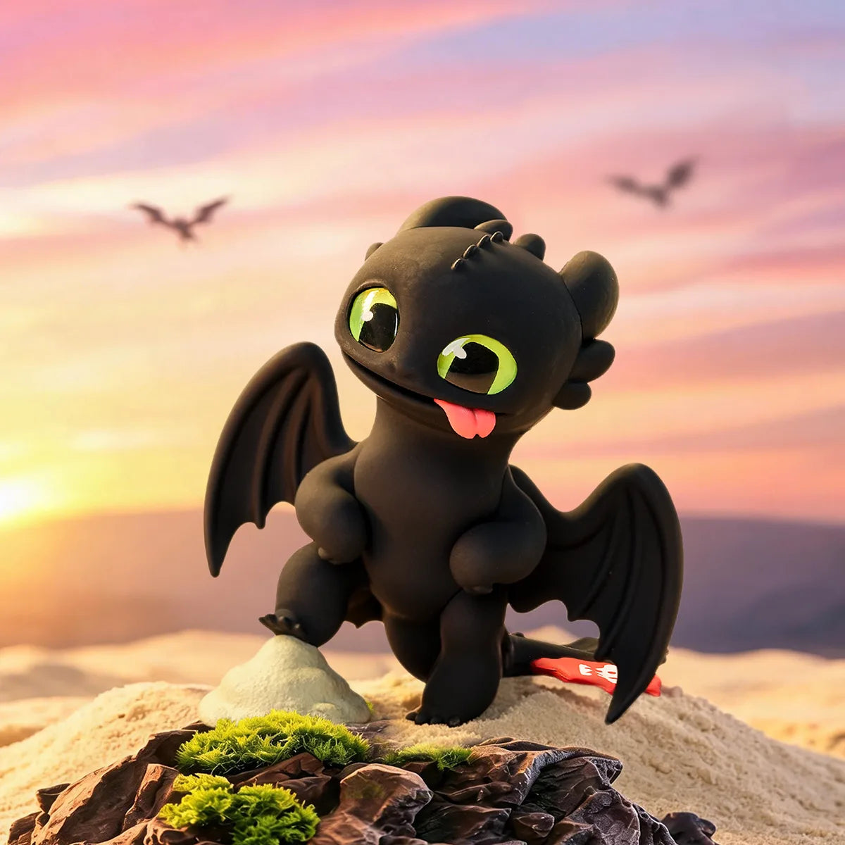Toothless figure on a rocky base at sunset from the How to Train Your Dragon Intertwined Light & Night Series by 52TOYS