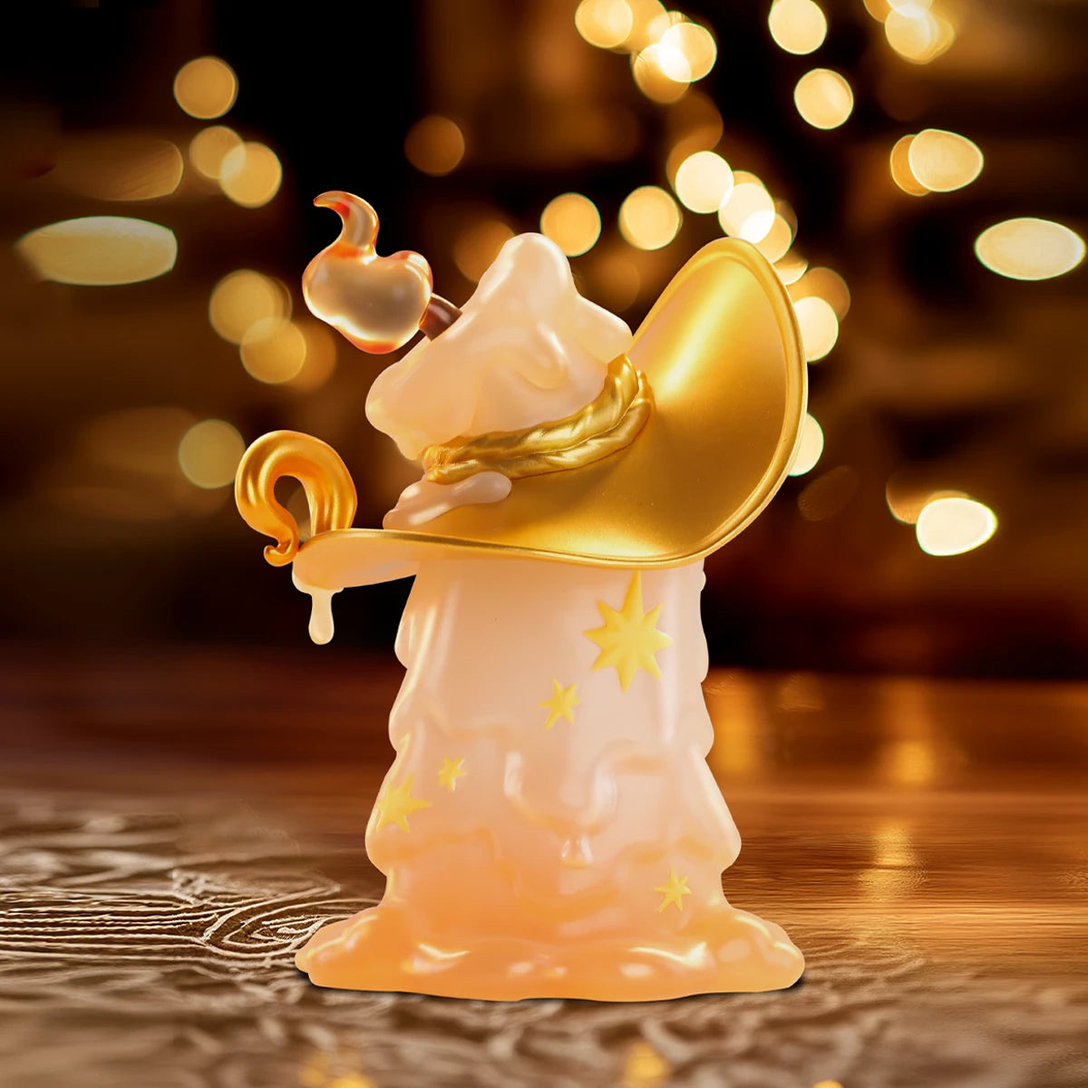 Laplly Candlelight Memories figure glowing among bokeh lights, melting wax candle spirit