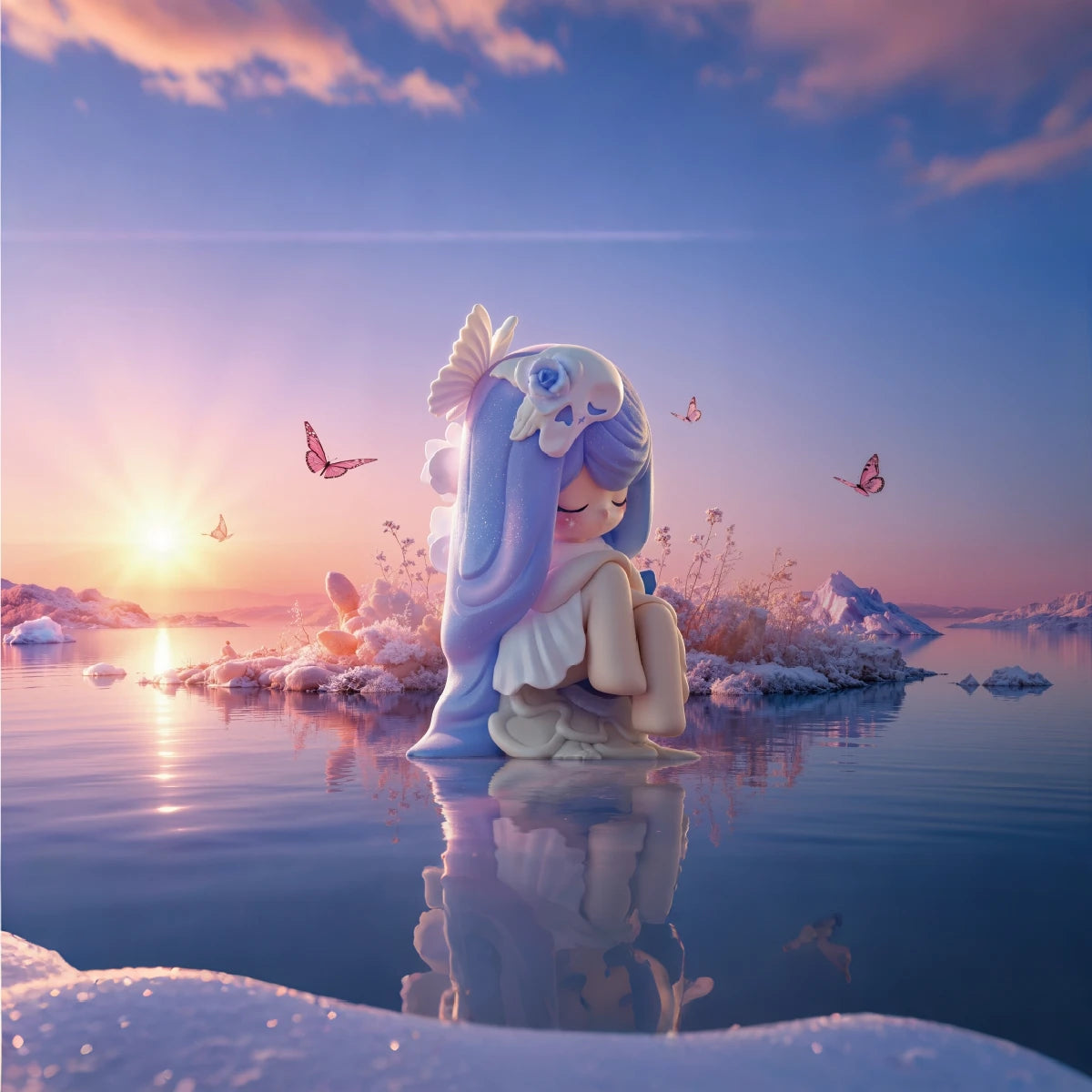 Blue-haired Laplly moon figure seated by reflective water at a pink sunrise