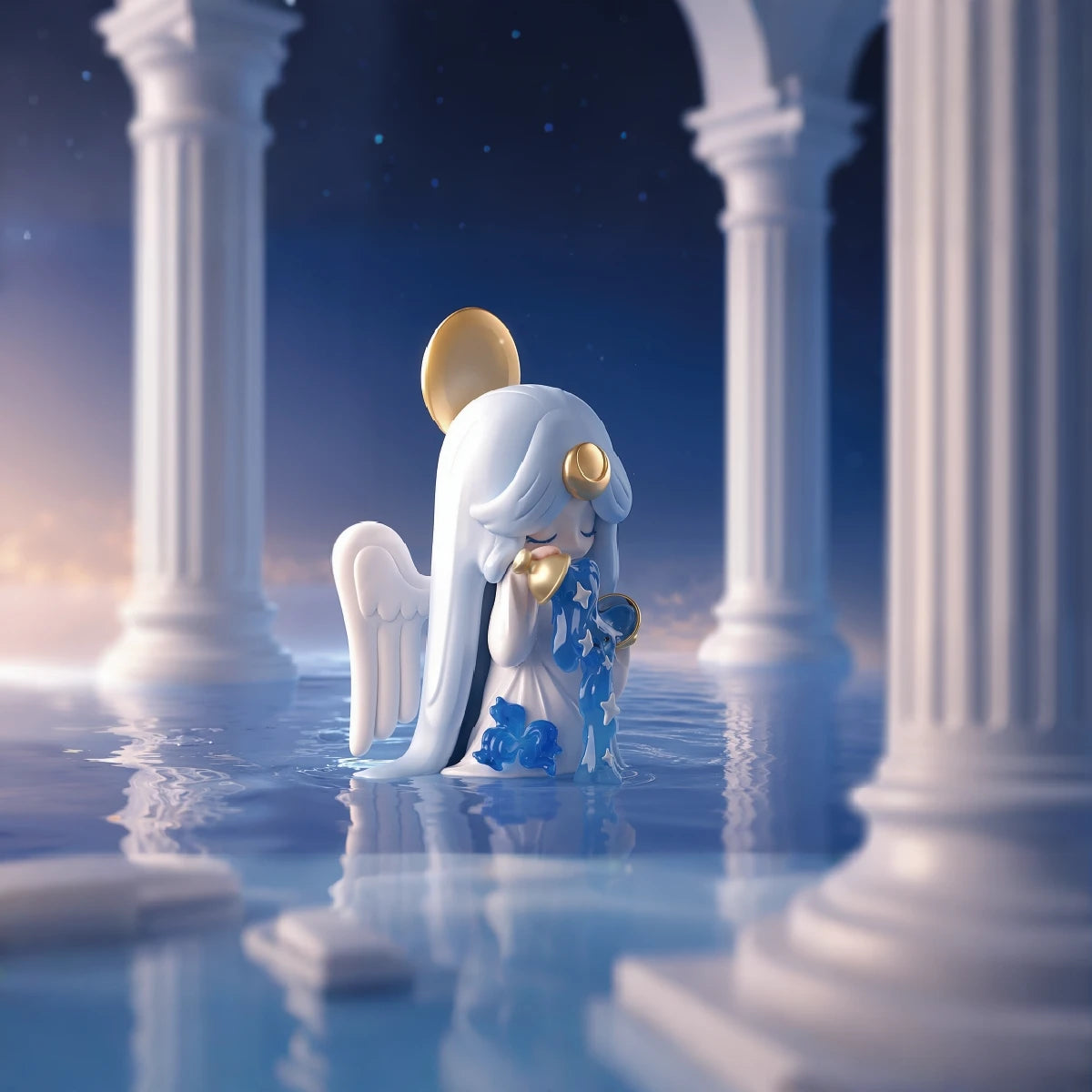 Blue-haired angel Laplly figure seated among white columns and reflective water