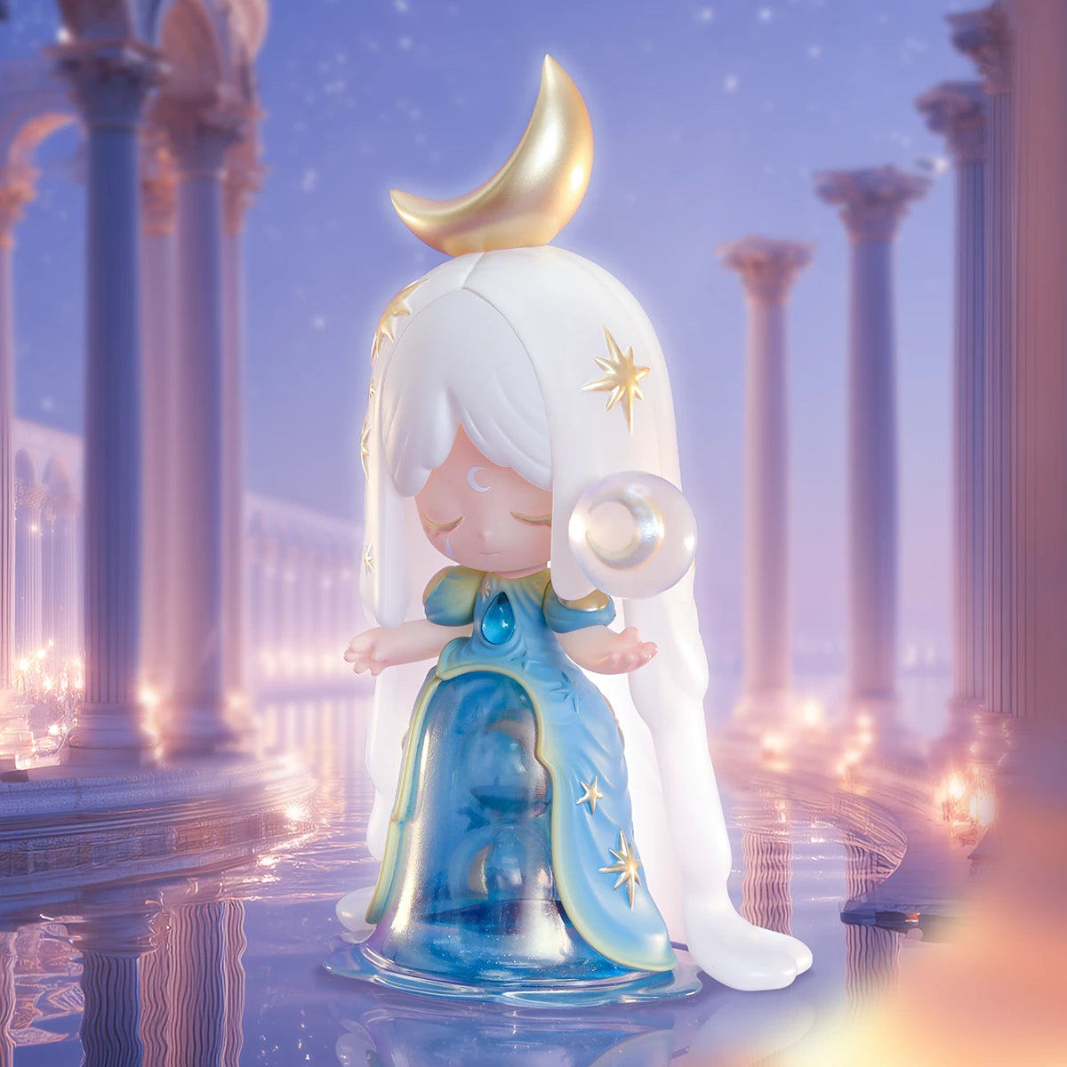 Side view of Laplly New Moon figure cradling glowing orb in candlelit columns