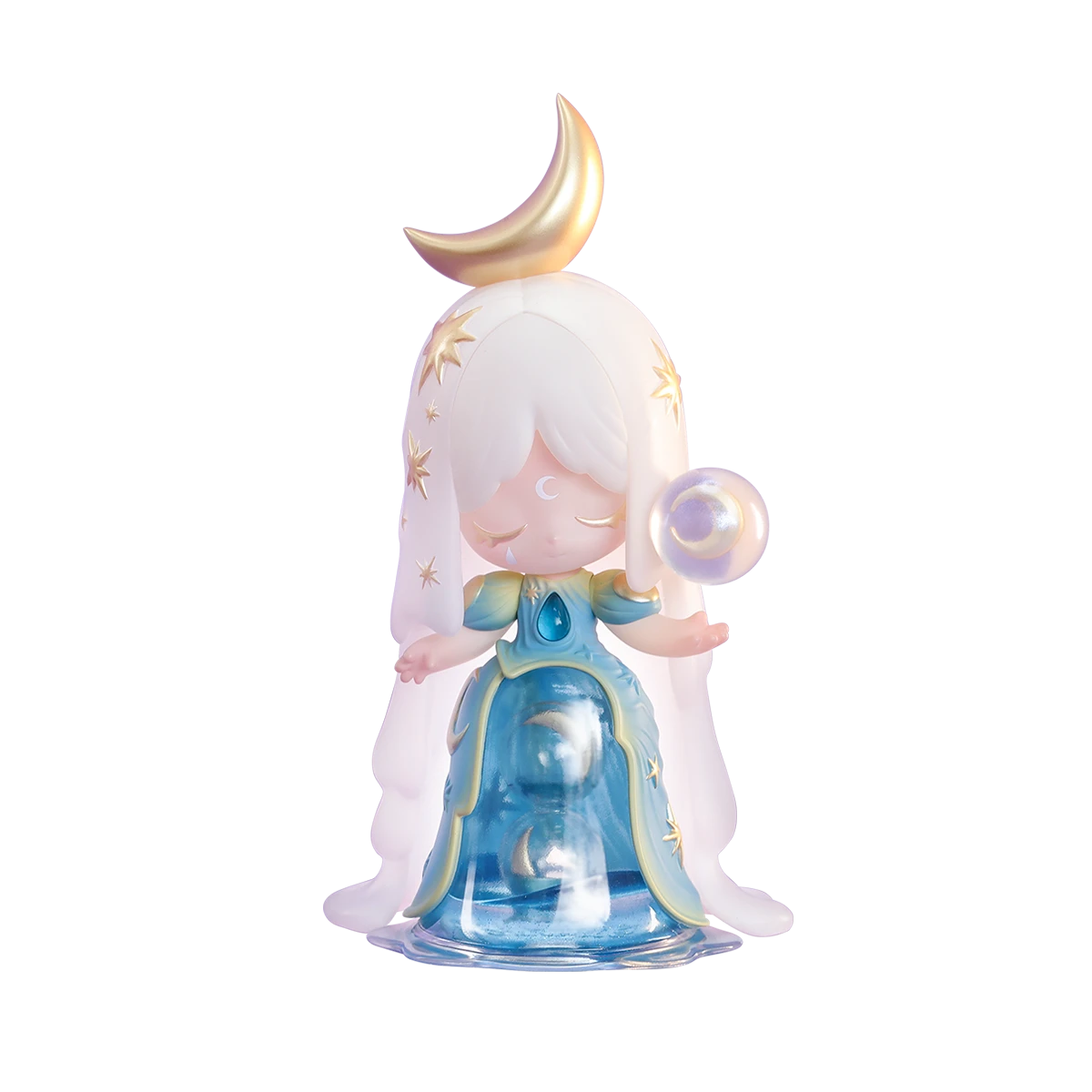 Laplly New Moon figure with golden crescent, white hair and glowing orb on water base